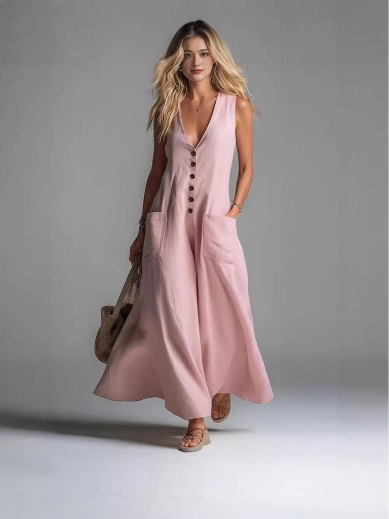 2026 Euro-American Deep V-Neck Sleeveless Pocket Long Dress