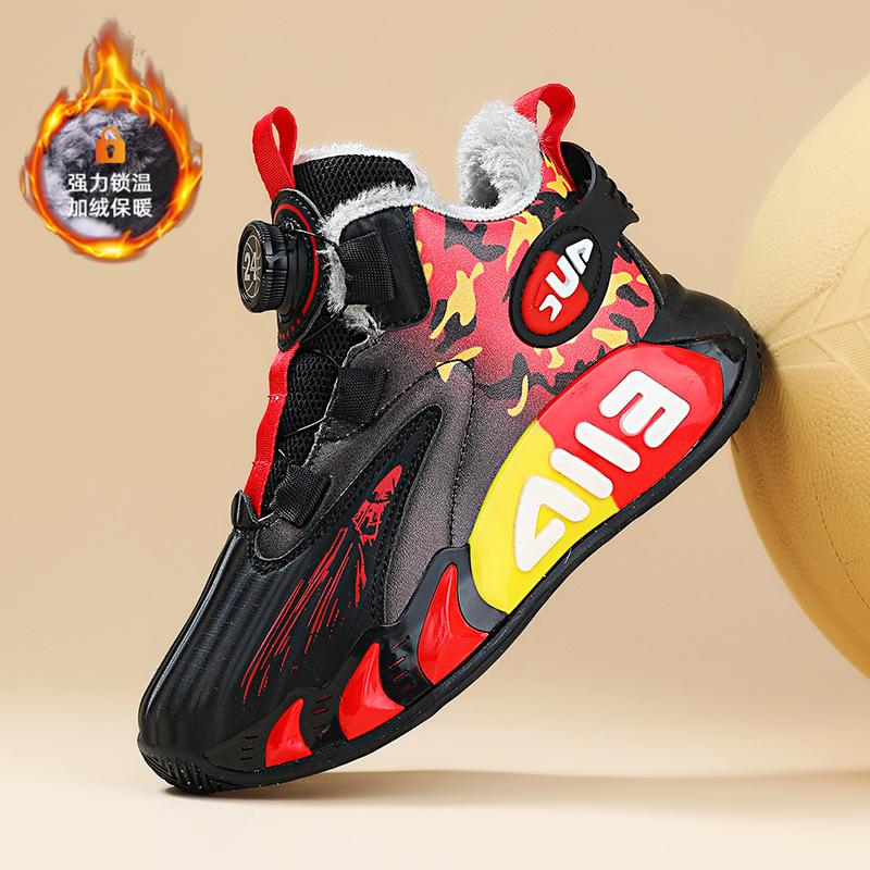 Children's basketball shoes Boys' winter velvet warm new large cotton cold-proof button sports shoes leather boys running shoes