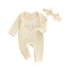 Citgeett Autumn Newborn Baby Girls Fall Romper Bow Letter Print Waffled Long Sleeve Jumpsuit Headband Spring Clothes