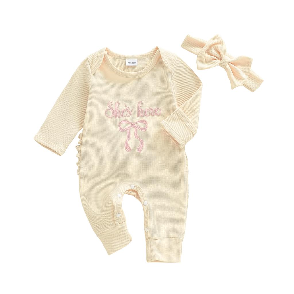 Citgeett Autumn Newborn Baby Girls Fall Romper Bow Letter Print Waffled Long Sleeve Jumpsuit Headband Spring Clothes