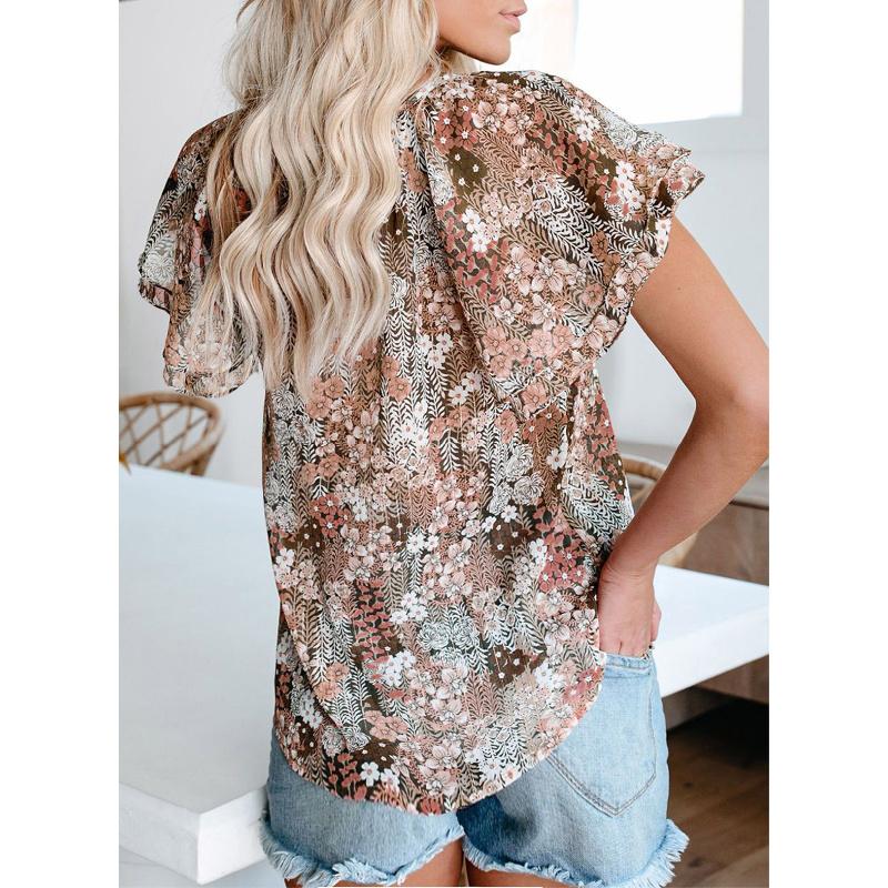 2026 New Printed Women's Summer V-Neck Half-Open Short-Sleeve Loose Casual T-Shirt