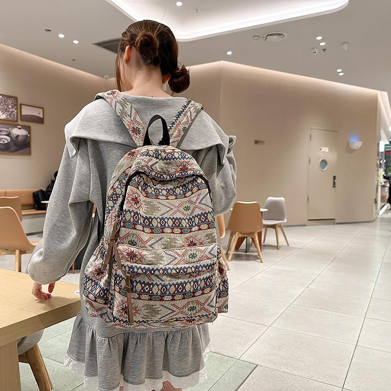 Ethnic style schoolbag female college student fashion cross-border large-capacity computer backpack lightweight retro high school backpack