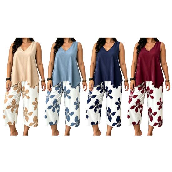 Damskie Zestawy 2-częściowe Plus Size Bez rękawów Dekolt V Top na ramiączkach i Spodnie Cropped w kwiaty Zestaw Letnie Stroje do wypoczynku