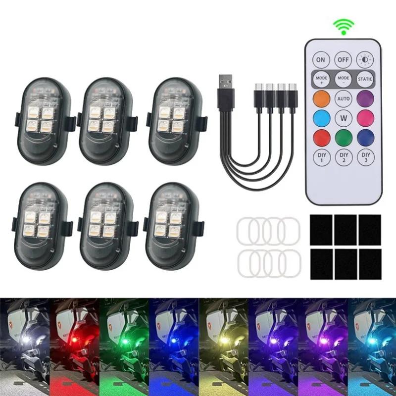 2/4/6pcs RGB Strobe Lights USB Rechargeable Warning Lamp Vehicle Waterproof Decor Light Remote Control LED for Motorcycle