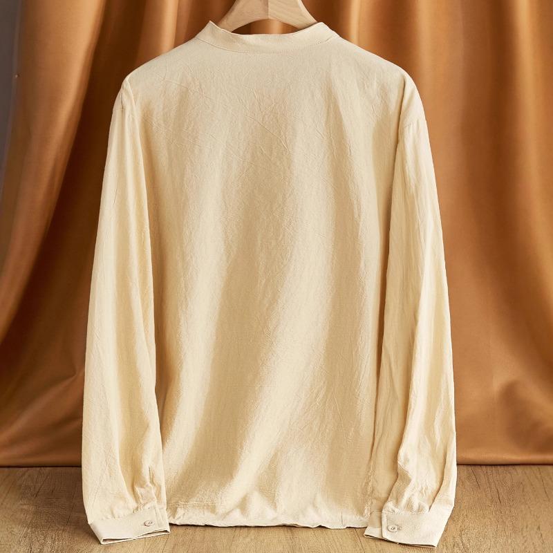 2025 Men's Loose Linen Solid Color Long Sleeve Stand Collar Top Men's Casual Shirt