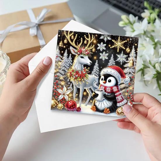 6 Pcs DIY Rhinestone Art Painting Cards Christmas Greeting Card Making Kit with Envelopes 5D Snowman Cat Deer Rhinestone