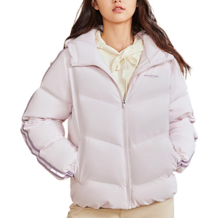 Anta Training Series Solid Color Hooded Zipper Brand Logo Embroidered Warm Thick Down Jacket Women Outerwear Light-Pink 162247931-5