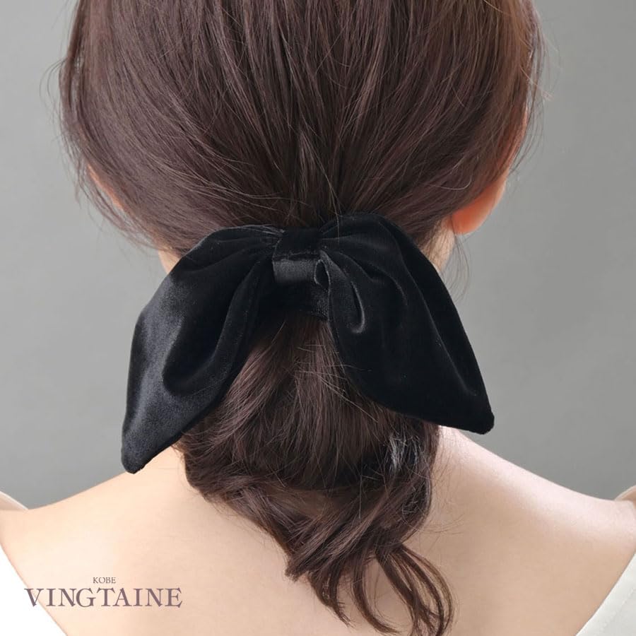 VINGTAINE Velvet Ribbon Scrunchie Hair Women's Tie, 2-Way, Detachable, Elegant, H7930-BLACK