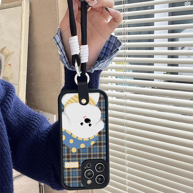 New Checked Puppy Soft Shell Suitable for Apple 16promax Mobile Phone Case Lanyard Iphone15 14 Protection Case