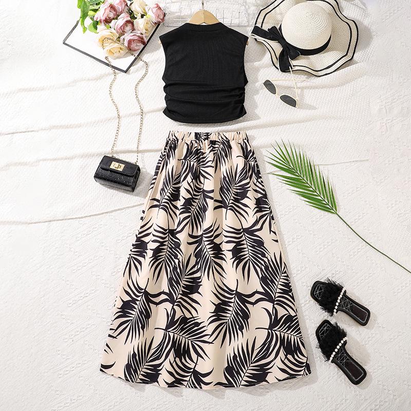 2025 Summer Kids' European Printed Skirt & Sleeveless Knit Top Set