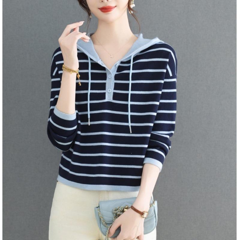 Women S Loose Fit Hooded Striped Pullover Knit Sweater Casual Top