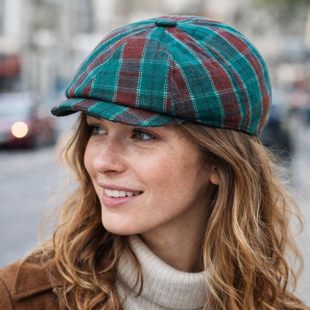 Fashion Headwear Cotton Retro Beret Plaid Octagonal Shape Newsboy Cap Flat Cap Spring Autumn