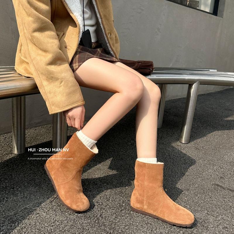 Inner Height Increase Velvet Boken Boots Leather Short Boots Women's New Retro Warm One-pedal Short Snow Boots