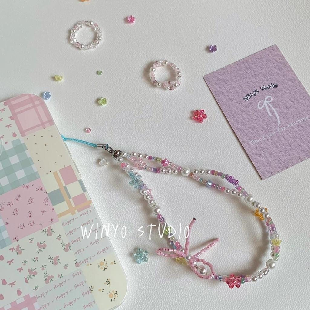 INS Stil Girly Rosa Schleife Perlen Handytasche Anhänger Armband Bunt Blume CCD Kamera Anhänger Handy Lanyard Zubehör
