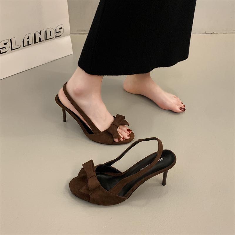 2025 nowe sandały z odkrytymi palcami, z zamszową kokardą, na lato dla kobiet, seksowne, wszechstronne, z temperamentem, szpilki na wysokim obcasie dla kobiet