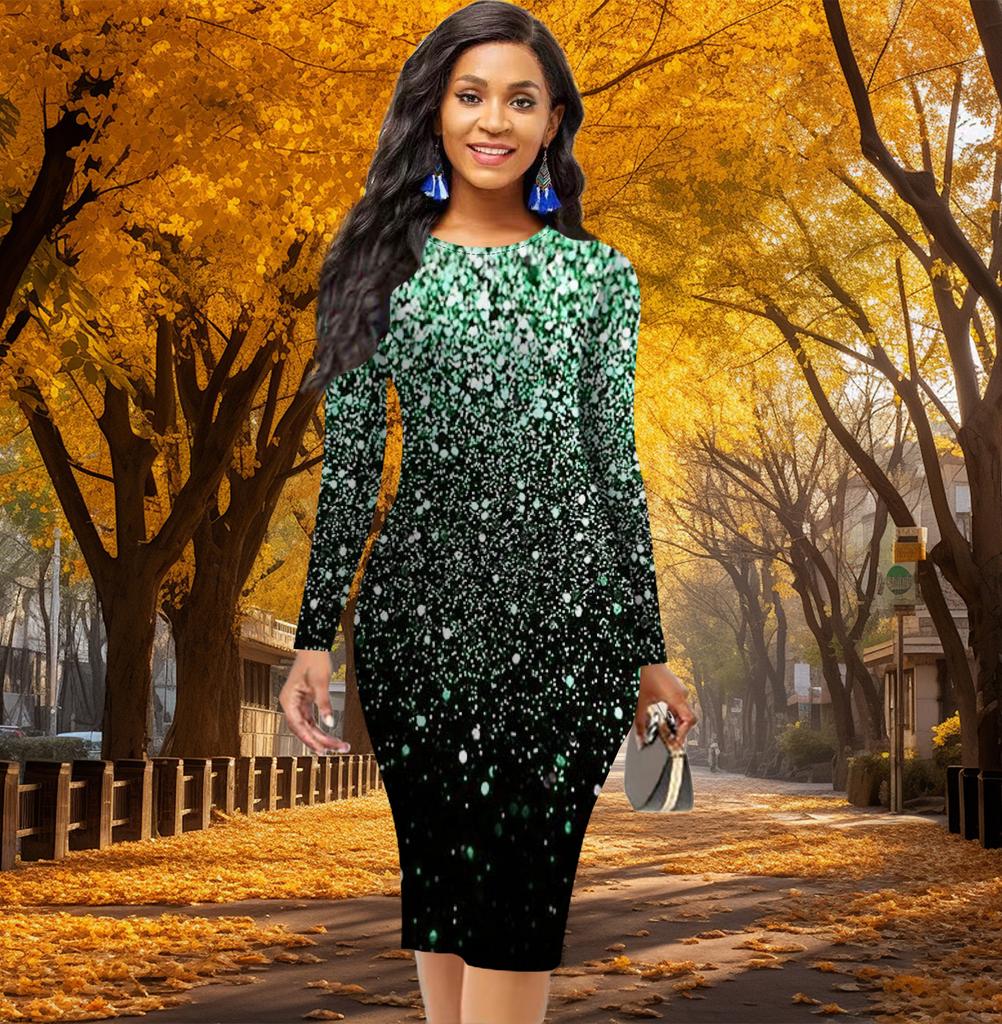 Elegantní bodycon šaty s dlouhým rukávem, vypasované v pase, kancelářský slim fit, s potiskem hvězdné oblohy s puntíky