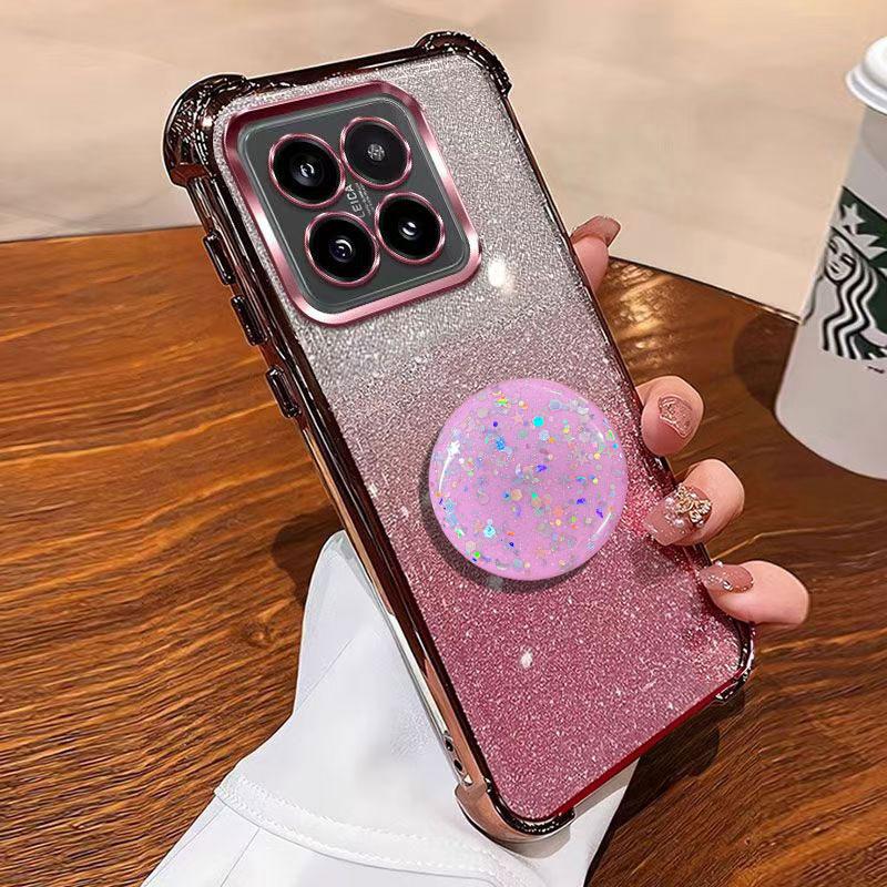 Luxury Shockproof Glitter Holder For Silicone Ring 14TPro Case For Xiaomi 14T 14 Ultra 13 12 Pro With Holder Stand Cover