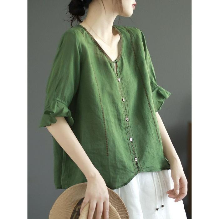 Cotton and Linen Literary Retro Five-point Sleeve Cotton and Linen V-neck T-shirt Ladies Loose and Thin Embroidered Blouse