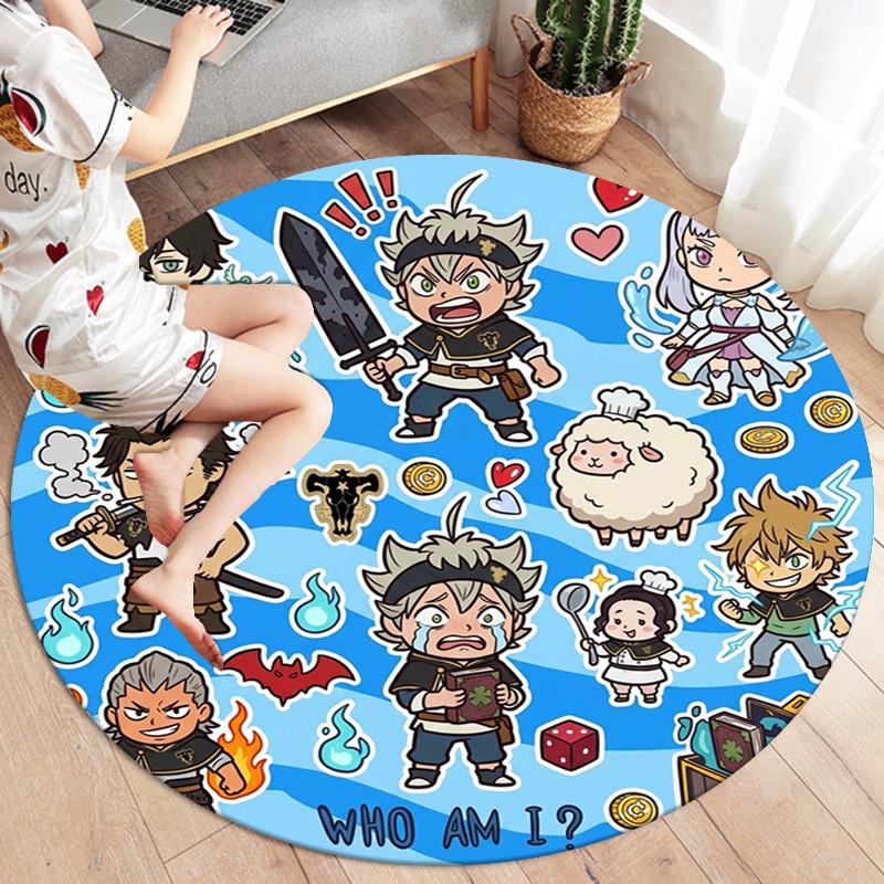 Black Clover Round Area Rug Carpet Rug For Living Room Bedroom Sofa Playroom Decor Nonslip Floor Mat
