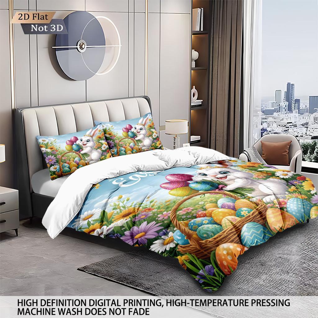 3pcs Easter Happy Cute Rabbit Easter Egg Printed Chipless Quilt Set Multi Size Bedding Decoration Comfortable Machine Washable