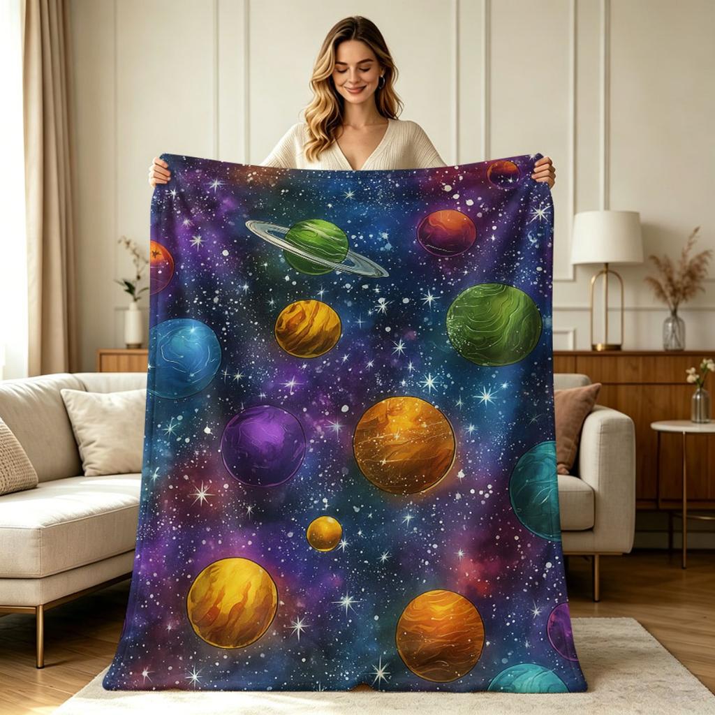 All Season Flannel Blanket with Colorful Galaxy Planet Starry Sky Print Soft Warm Cozy Lightweight Throw Blanket for Sofa Couch Bed Office Living Room