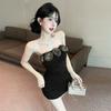 1 three-dimensional flower pure desire wind sexy dress one-word shoulder high-end design sense slim and thin bottom vest short