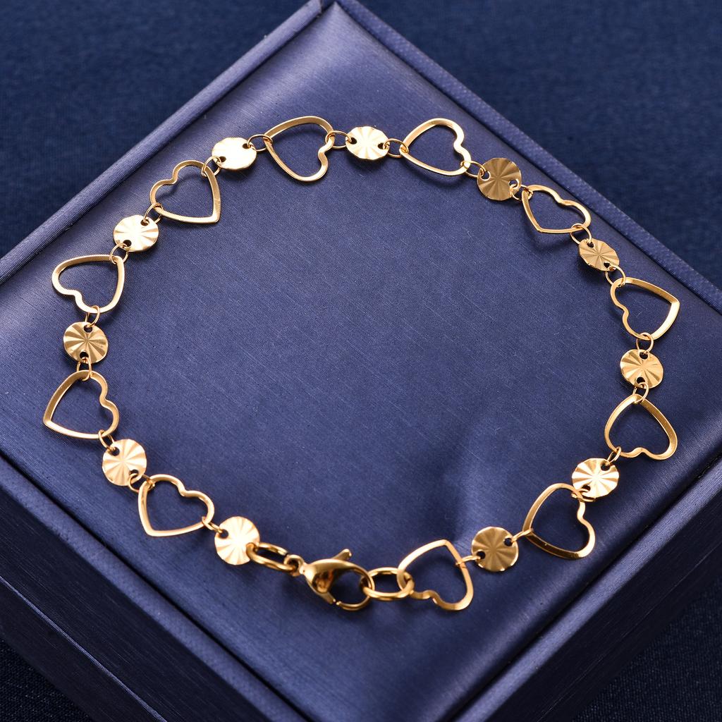 Niedliches rundes geprägtes Edelstahl-Herz-Armband Glied Handkette für Frauen Mädchen Armband Armreif Fußkettchen Metall Sommerschmuck