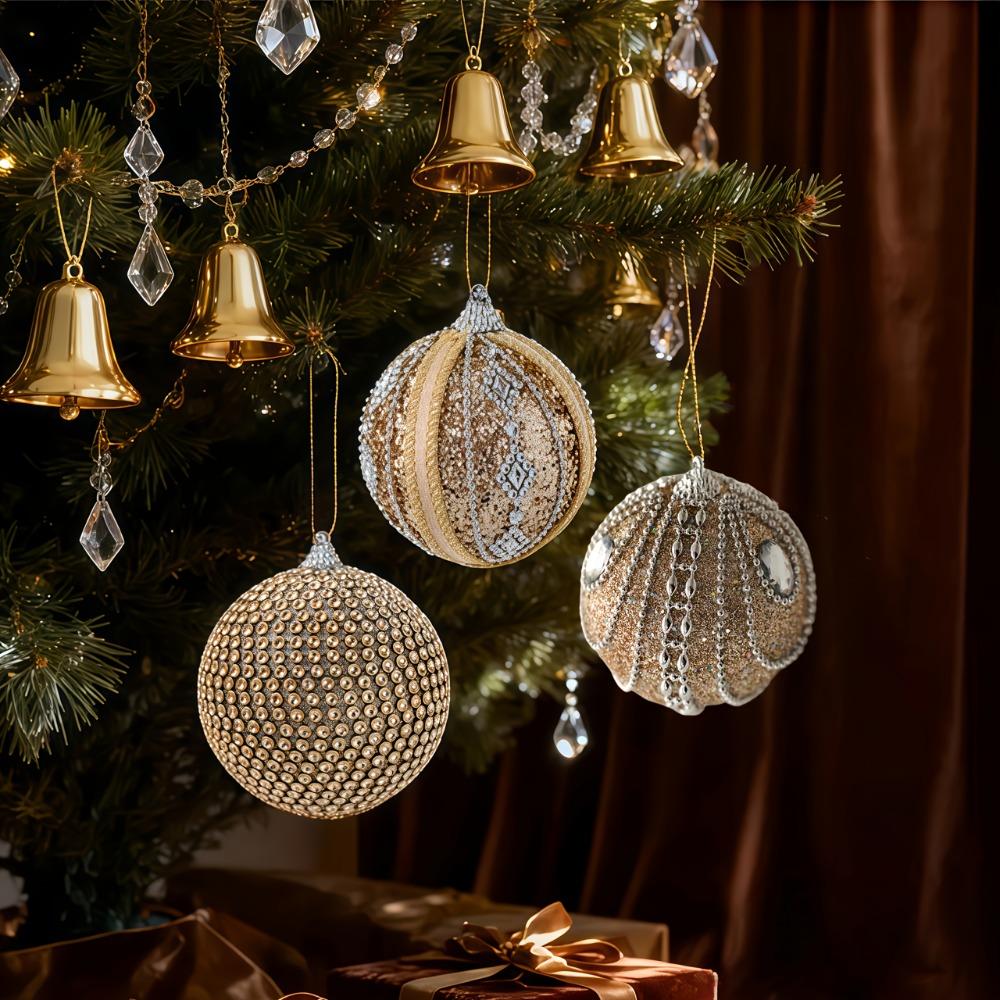 6/8PCS with Sequins Sparkling Golden Christmas Balls Foam Foam Xmas Spheres Pendant Photo Prop