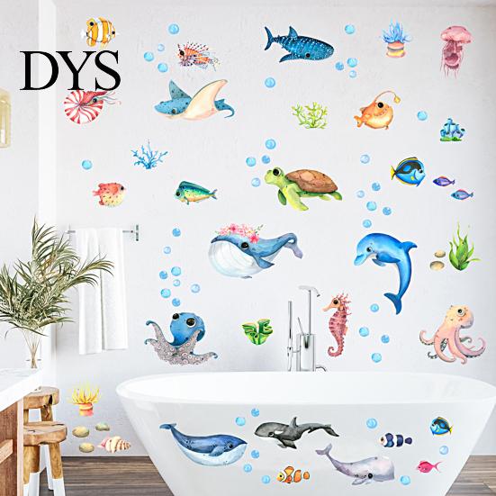 Background Stickers 1 Set Wall Sea Turtle Octopus Fish Cartoon Self-adhesive Decals Bright Color PVC Marine Life Posters Home Decor