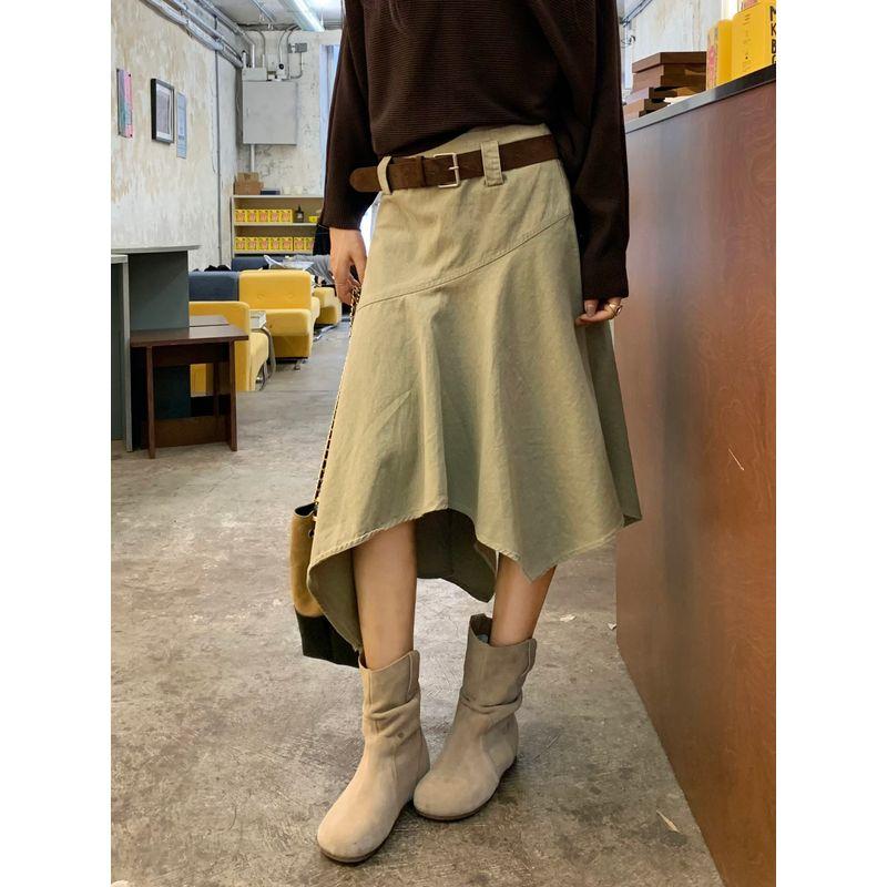 Kumikumi Design Sense Retro Irregular High Waist Skirt Women clothes Autumn Loose Slimming Drape Midi dress