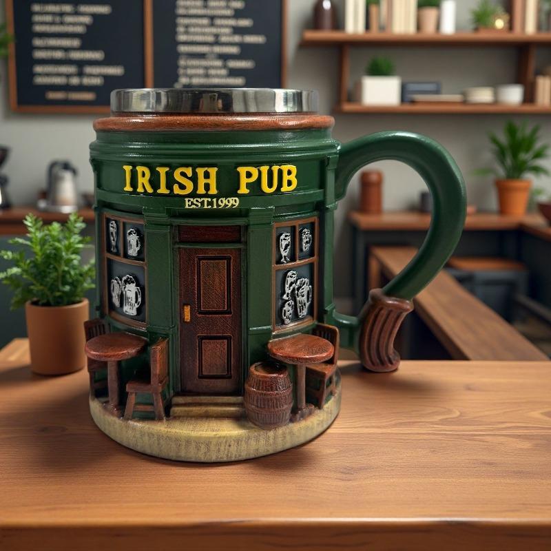 3D Pattern Irish Pub Stainless Steel Mug Home Bar Resin Crafts Ornaments Beer Mug Coffee Cup Drinking Utensils Xmas Holiday Gift