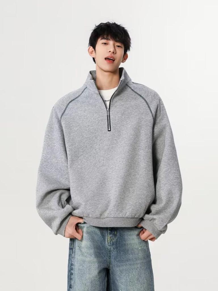 Men's American Street Style Double-Sided Fleece Half-Zip Long-Sleeve Solid Color Base Layer Top