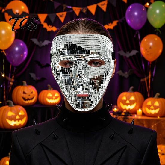 Reflective Silver Party Mask Halloween Disco Ball Mask, Breathable Mirror Mosaic Masquerade, Gold Face Glitter Costume for Dance Performance,