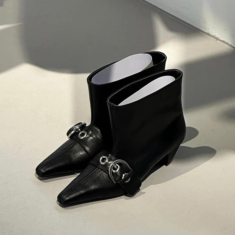 Fashion Pointed Toe Low Heel Women Chelsea Boots Ladies Elegant Belt Buckle Mordern Short Booties