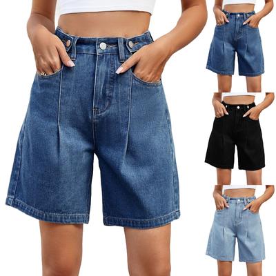 Women's Fashion Distressed Comfortable Mid-Rise Wide-Leg Casual Summer Denim Shorts With Pockets