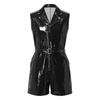 Men Zip Front Patent Leather Bodysuit Sleeveless Lapel Collar Adjustable Belt Pockets Slim Fit Jumpsuit for Club Rave Festival Stage