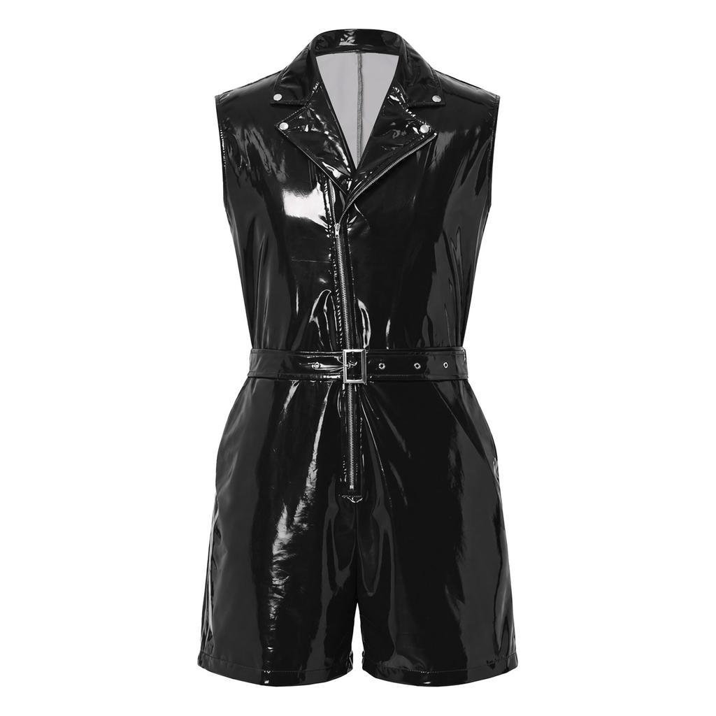 Men Zip Front Patent Leather Bodysuit Sleeveless Lapel Collar Adjustable Belt Pockets Slim Fit Jumpsuit for Club Rave Festival Stage