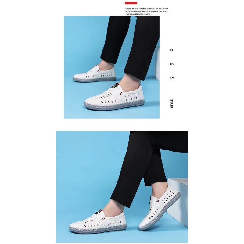 New Men Genuine Leather Sandals, Business Perforated Hollow Dad Leather Shoes, White Soft Sole Hollow-out Casual Footwear