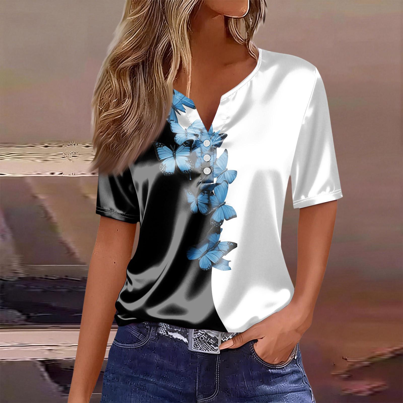 Женская Модная Повседневная Ретро Принт Воротник Короткий Рукав Пуговица Футболка Топ M