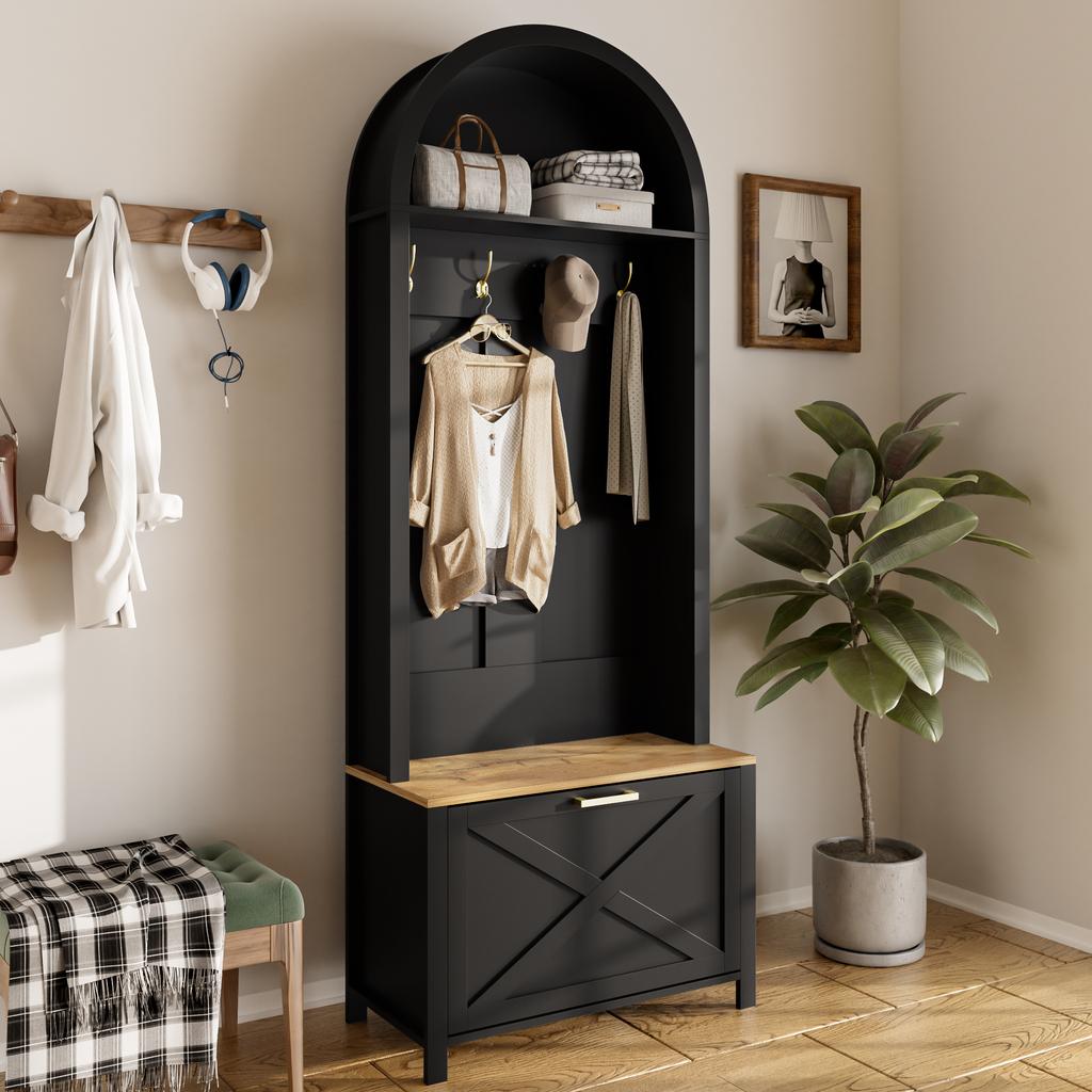 Multifunctional Coat Cabinet with Shoe Rack, Shelf & Hooks – Hall Tree for Entryway, Durable MDF Body, Modern Design, Sturdy Iron Legs, Storage