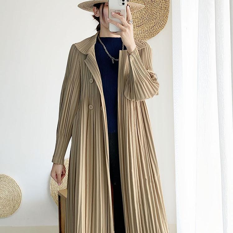 Women Pleated Trench Coat Long Loose Double Breasted Spring Autumn Fashion Versatile Pure Color Outerwear