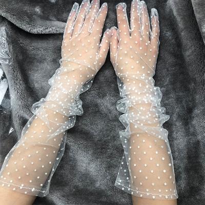 Mode Dot Spitze Lange Handschuhe Weibliche Elegante Stretch Tüll Mesh Semi Sheer Frauen Volle Finger Handschuhe Braut Hochzeit Schwarz golves