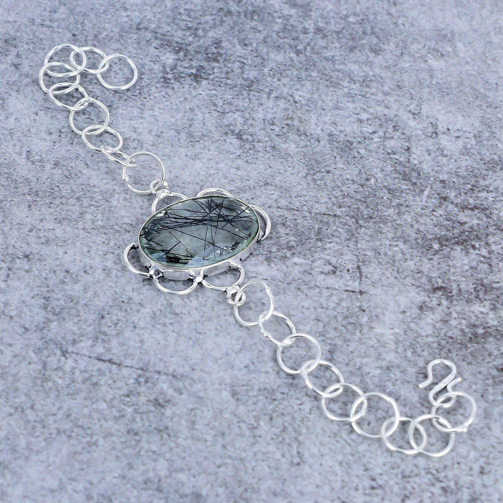 

Black Rutile Gemstone Handmade 925 Sterling Silver Bracelet 7-8 M-2718