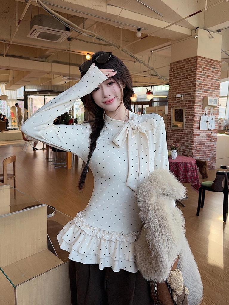 Korean Sweet Bow Tie Ruffle Polka Dot Women's Thermal Slimming T-shirt for Autumn/Winter