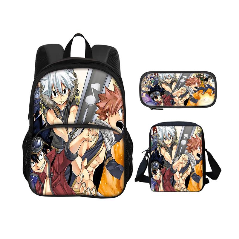 Fairy Tail Cartoon 3Pcs Set with Front Pocket Backpack+Shoulder Bags+Pencil Bag Student Boys and Girls Best Gift Stationery