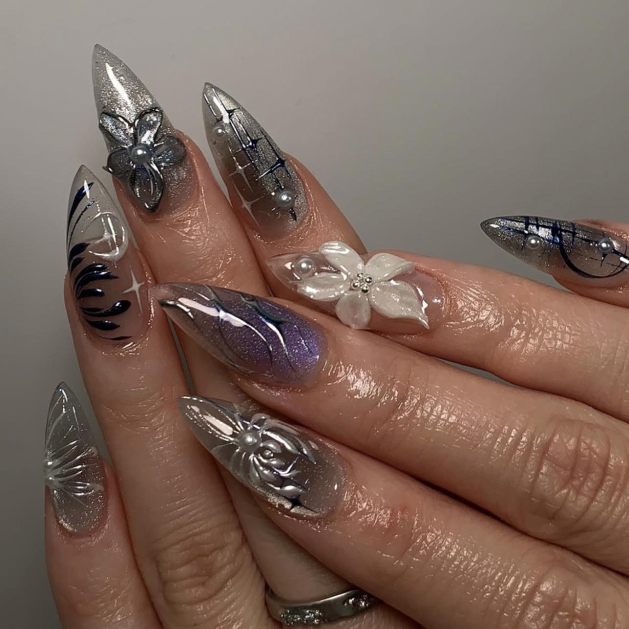 Black Gradient Y2 Cool Spicy Cat Eye 3D Floral Wearable Nails
