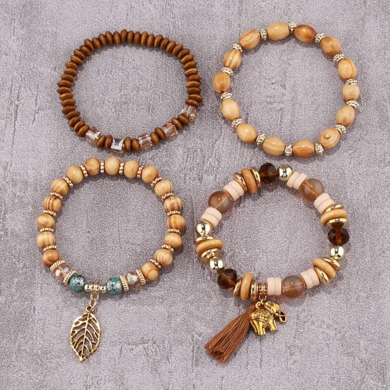 Wooden Tassel Bracelet For Men and Women 4PCS Retro Alloy Elephant Leaf Crystal Bracelet