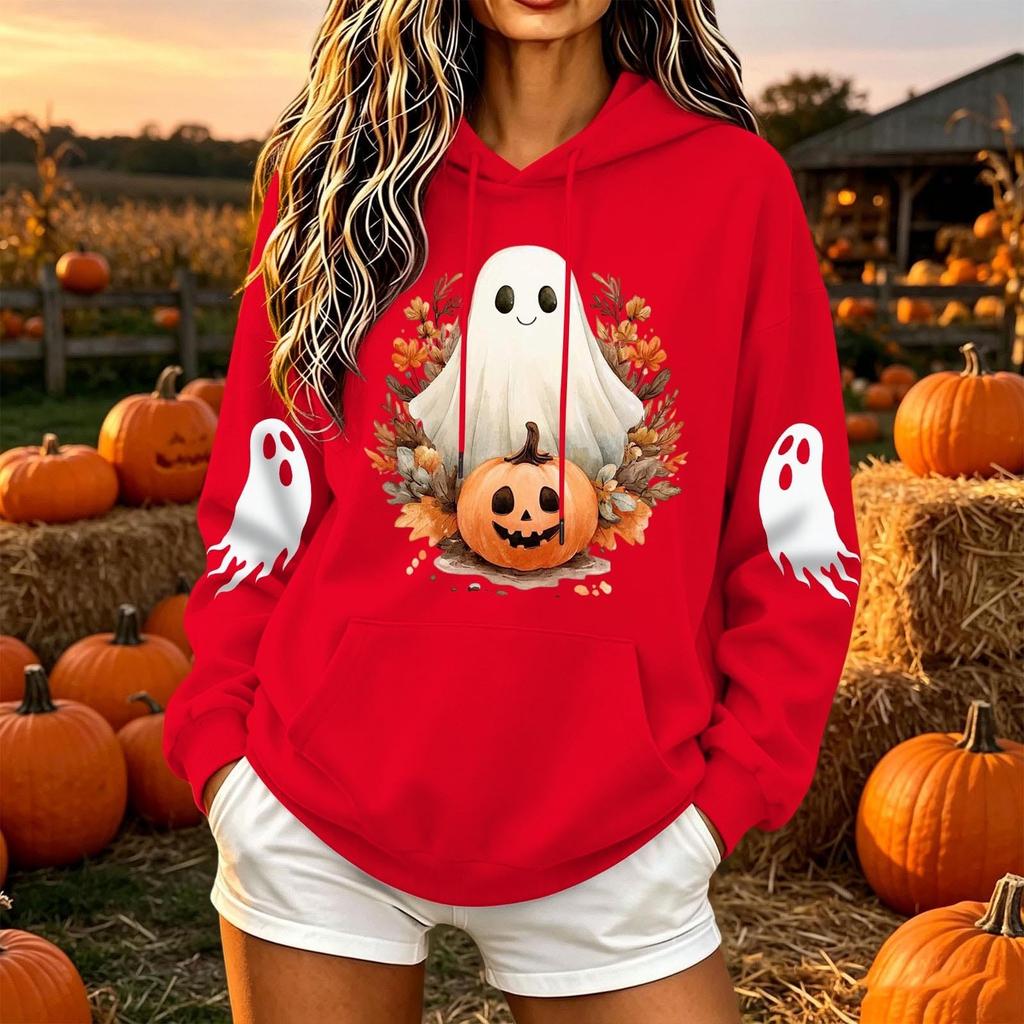 Women's Casual Long Sleeve Loose Fit Pullover Hoodie with Halloween Print