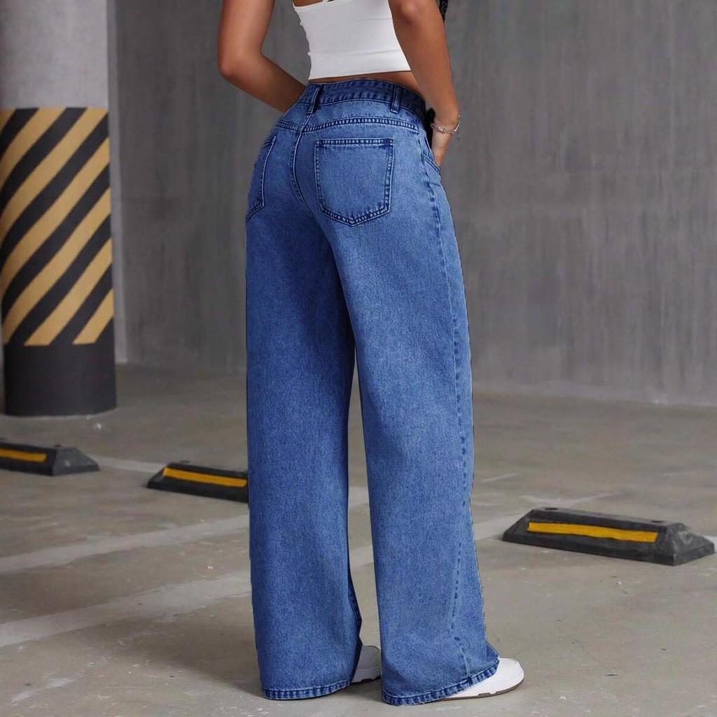 2025 Women's Light Blue Wide-Leg Washed Jeans