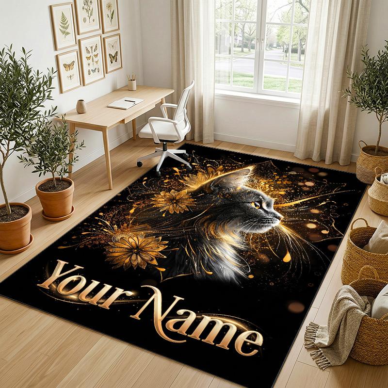 Cat Theme Crystal Velvet Rug Personalized Custom Name Text Soft Floor Mat Home Decor